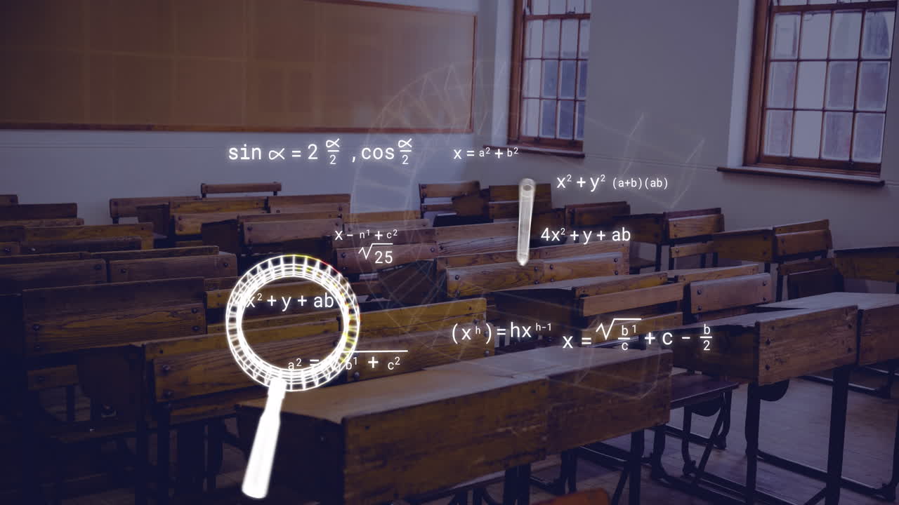 Animation of mathematical equations and icons over empty classroom