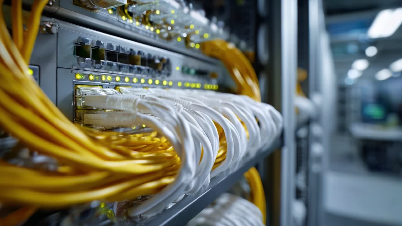 Detailed Close-Up of Network Switch with Cables Showing Connectivity in a High-Tech Data Center Environment, Emphasizing Modern Technology and Infrastructure