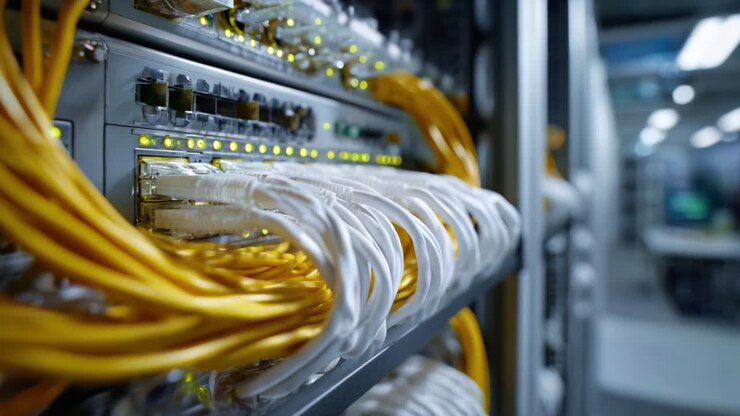 Detailed Close-Up of Network Switch with Cables Showing Connectivity in a High-Tech Data Center Environment, Emphasizing Modern Technology and Infrastructure