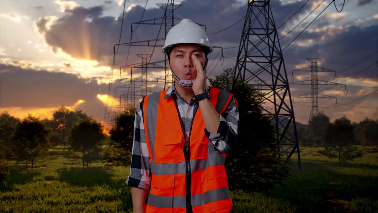 Engenheiro sussurrando um segredo em frente a linhas de energia ao pôr do sol