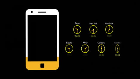 黒い背景に異なるタイムゾーンを表示する世界時計を備えたスマートフォン