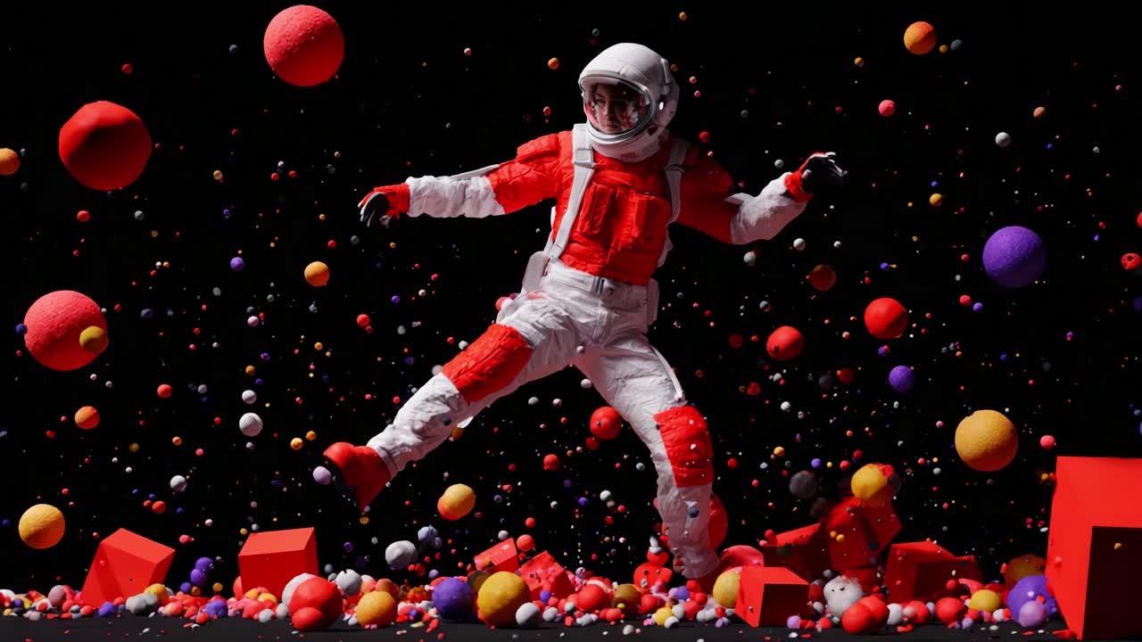 An astronaut maneuvers dynamically through a colorful and vibrant space scene filled with a variety of spherical and cubical objects, creating a playful and imaginative atmosphere