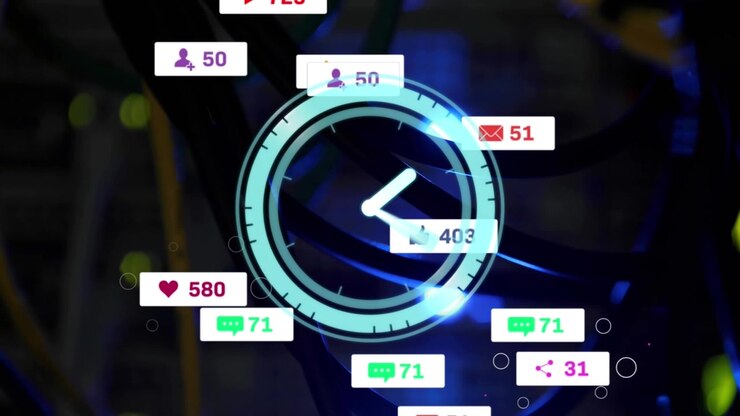 Animation of clock with media icons over server room