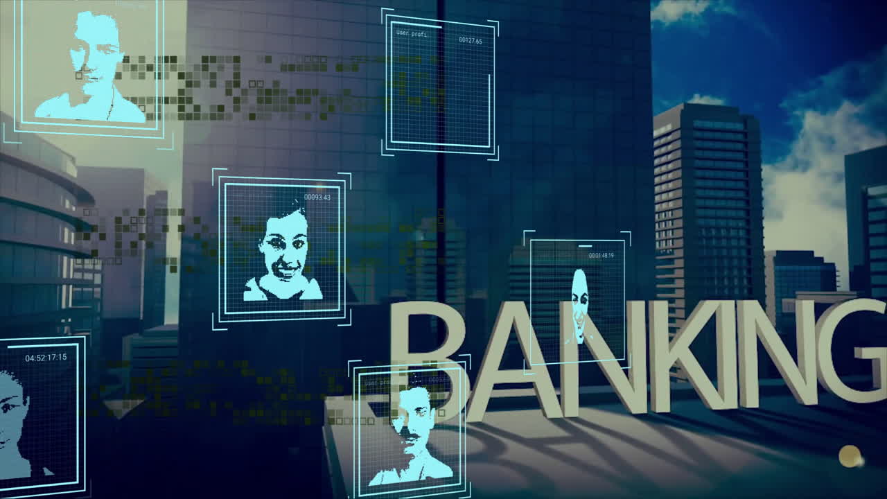 Banking text with digital portraits and data processing animation over cityscape