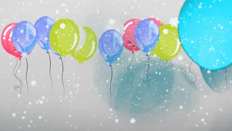 Animación-De-Nieve-Cayendo-Sobre-Puntos-De-Luz-Y-Globos-Flotando-Sobre-Fondo-Blanco