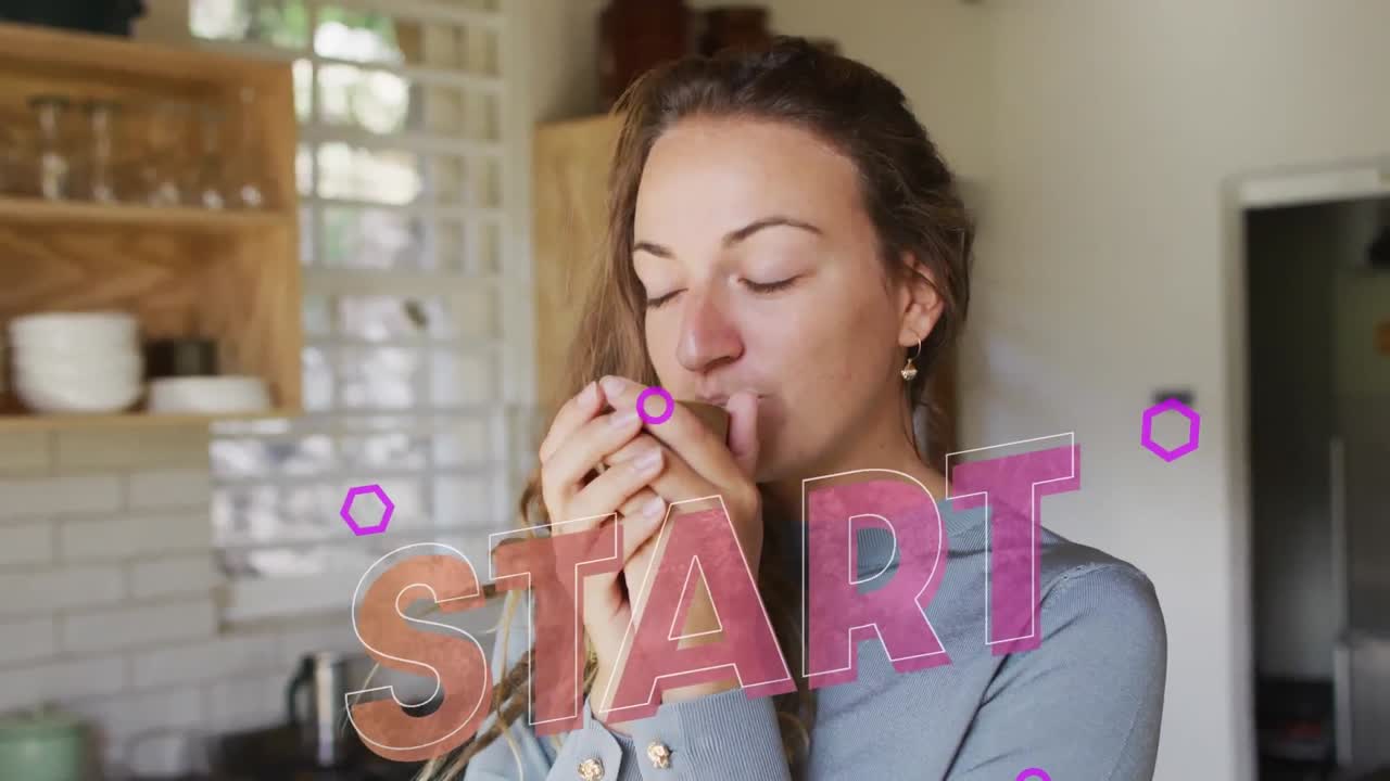 Animation of start text in pink over happy caucasian woman enjoying coffee at home