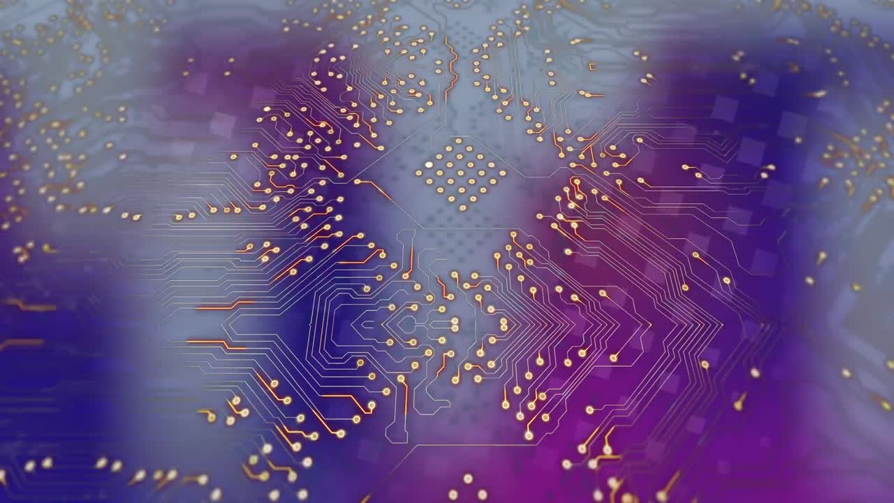 animación de un circuito integrado sobre un fondo azul, rosa y beige