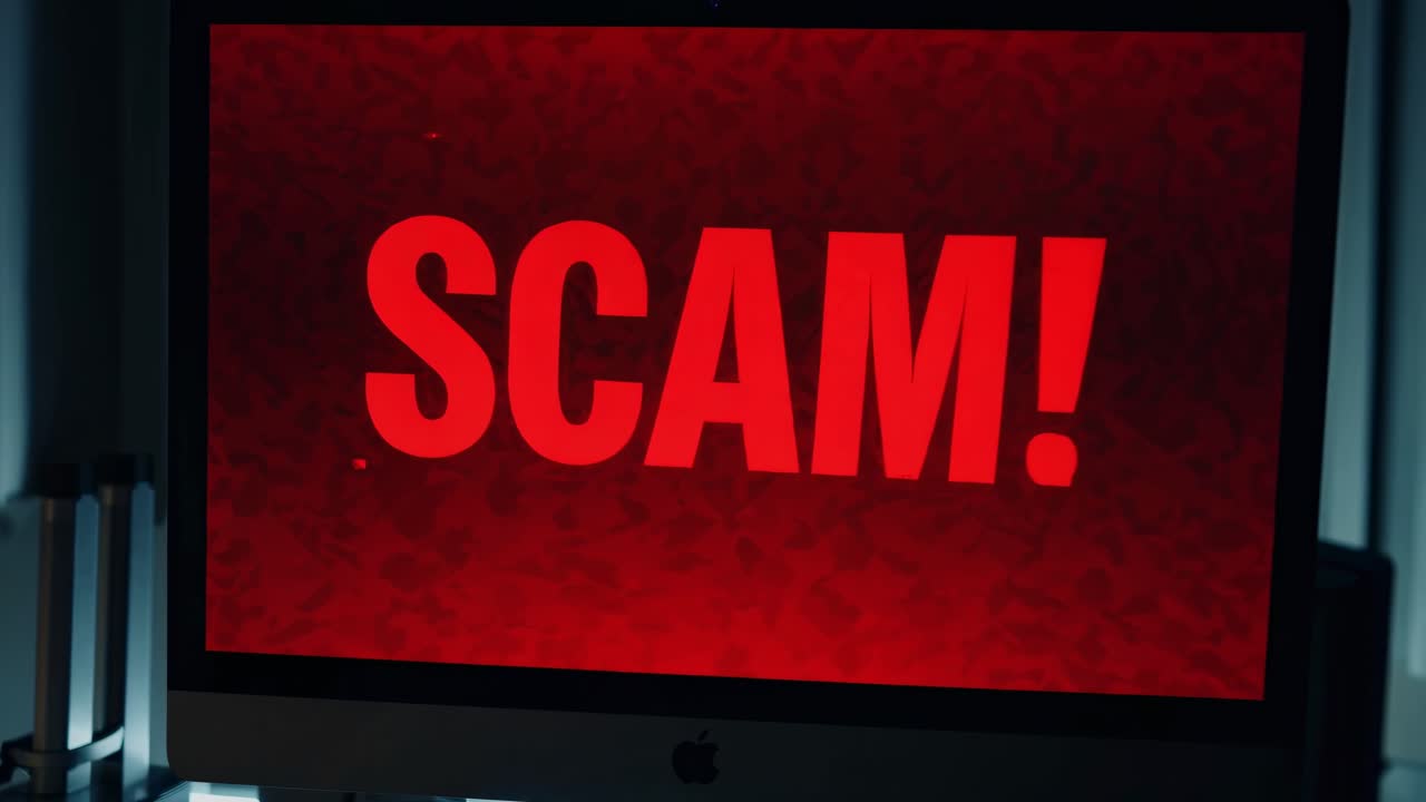 pantalla de computadora que muestra un mensaje de alerta de estafa con fondos rojos y azules intermitentes en un entorno de oficina, enfatizando los riesgos de seguridad en línea