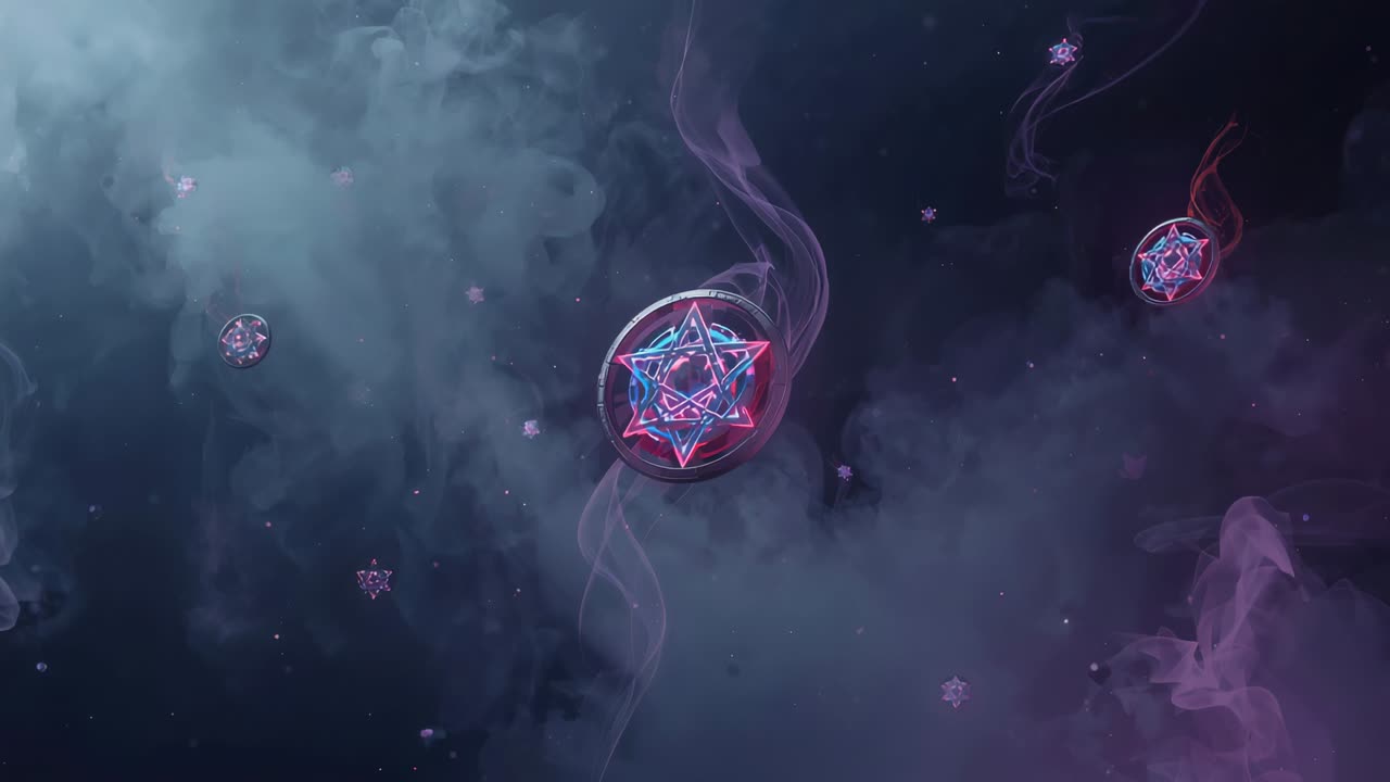 Brightening main glowing stellated orb pulsing, emitting vapor ribbon in nebula, drifting orbs