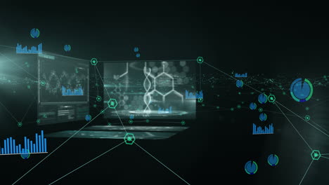 animation of network of connections and statistics recording over medical data processing on screens