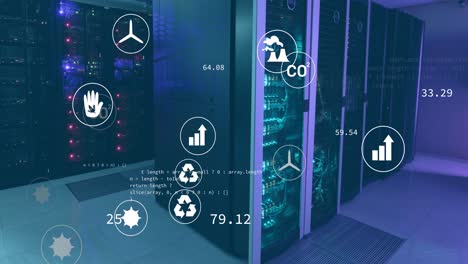 animation of eco icons and data processing over computer servers