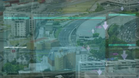 animation of data processing over cityscape