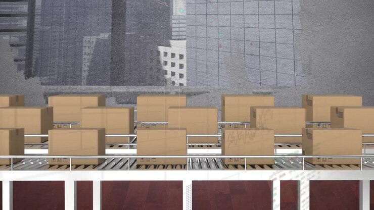 Animation of financial data processing over boxes on conveyor belts and cityscape