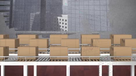 animation of financial data processing over boxes on conveyor belts and cityscape