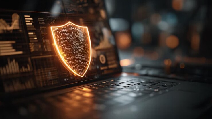 Dynamic Cybersecurity Visualization with a Glowing Shield Symbol on a Laptop Screen, Representing Digital Protection and Data Security Strategies in Modern Technology Context