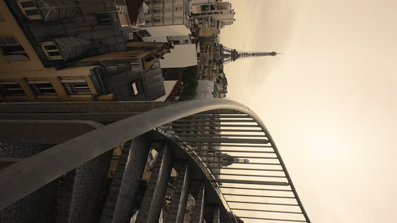 Stunning View of The Eiffel Tower, Paris, From a Black Staircase, Slow Motion, Vertical