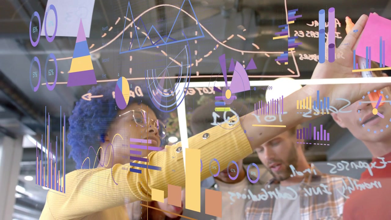 Woman in yellow top reaching, writing on glass, animating charts on glass, organizing business plan