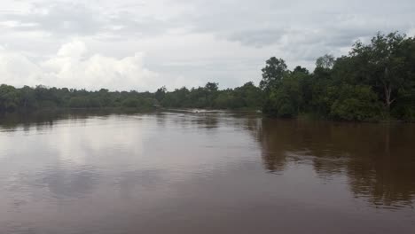 slow-motion aerial view of a traditional speedboat getting closer to the deck, in a calm river in the middle of the rainforest