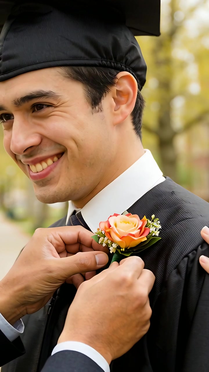 Video verticale: Mani che appuntano una spilla a forma di rosa arancione su un laureato con tocco e toga nel campus per la laurea.