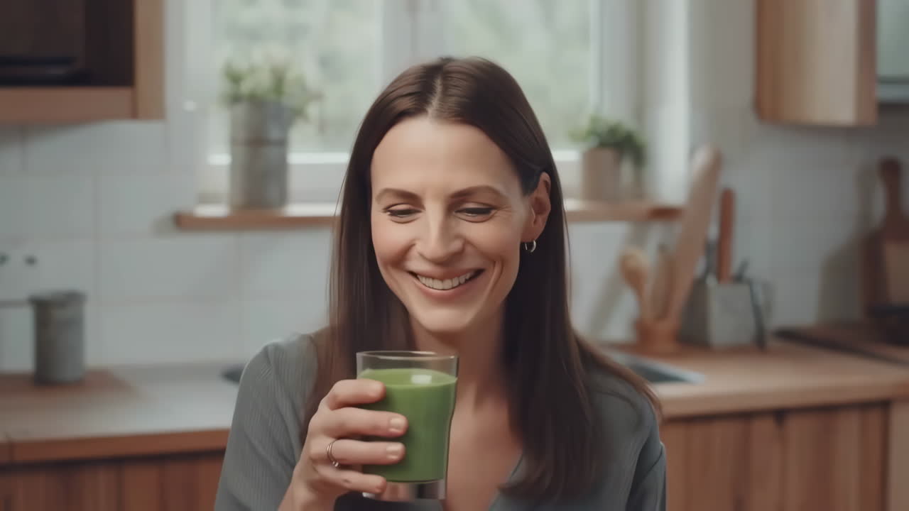 Una donna che beve felicemente un frullato verde in cucina