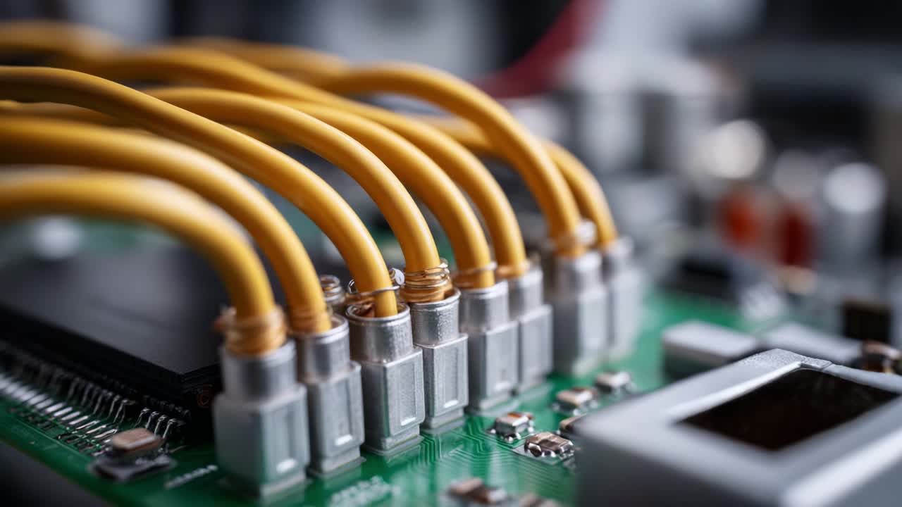 Detailed Close-Up of Electrical Connectors on a Circuit Board Featuring Yellow Wires, Showcasing the Intricate Technology Behind Modern Electronic Devices and Their Interconnections in a High-Resolution Image