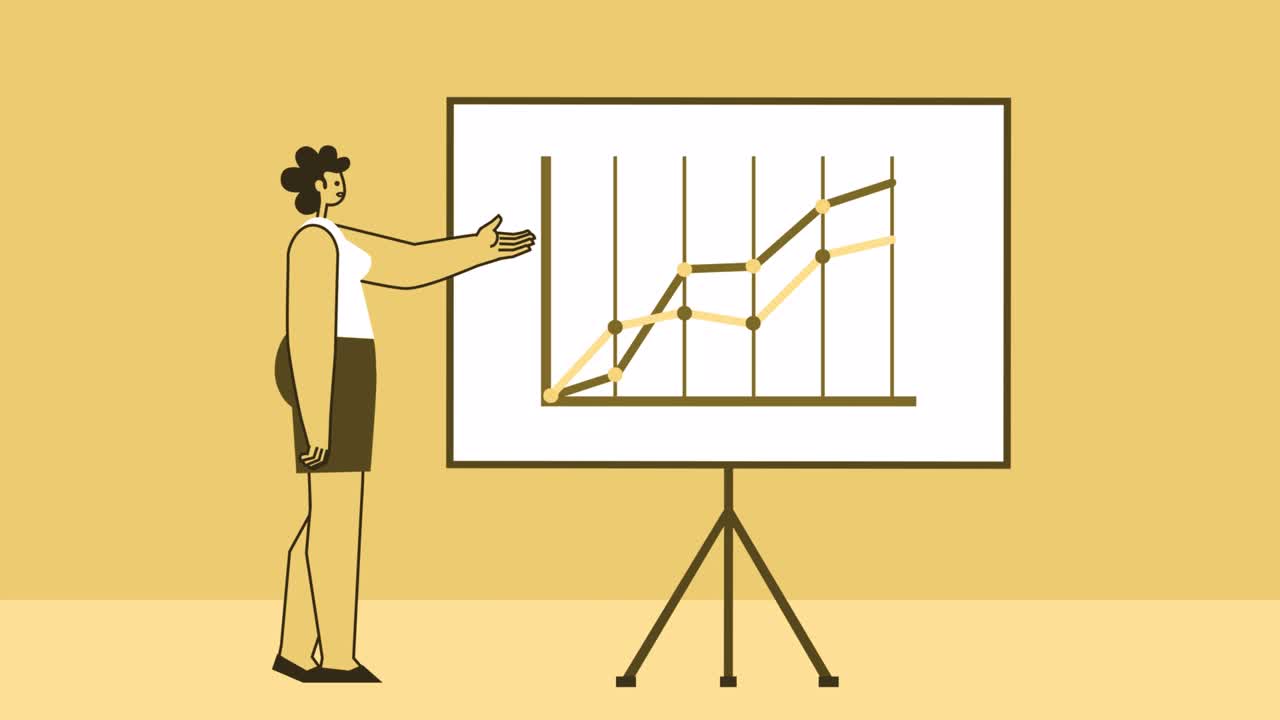Yellow Style Woman Flat Character Demonstrates Growth Chart on Graphboard. Isolated Loop Animation with Alpha Channel