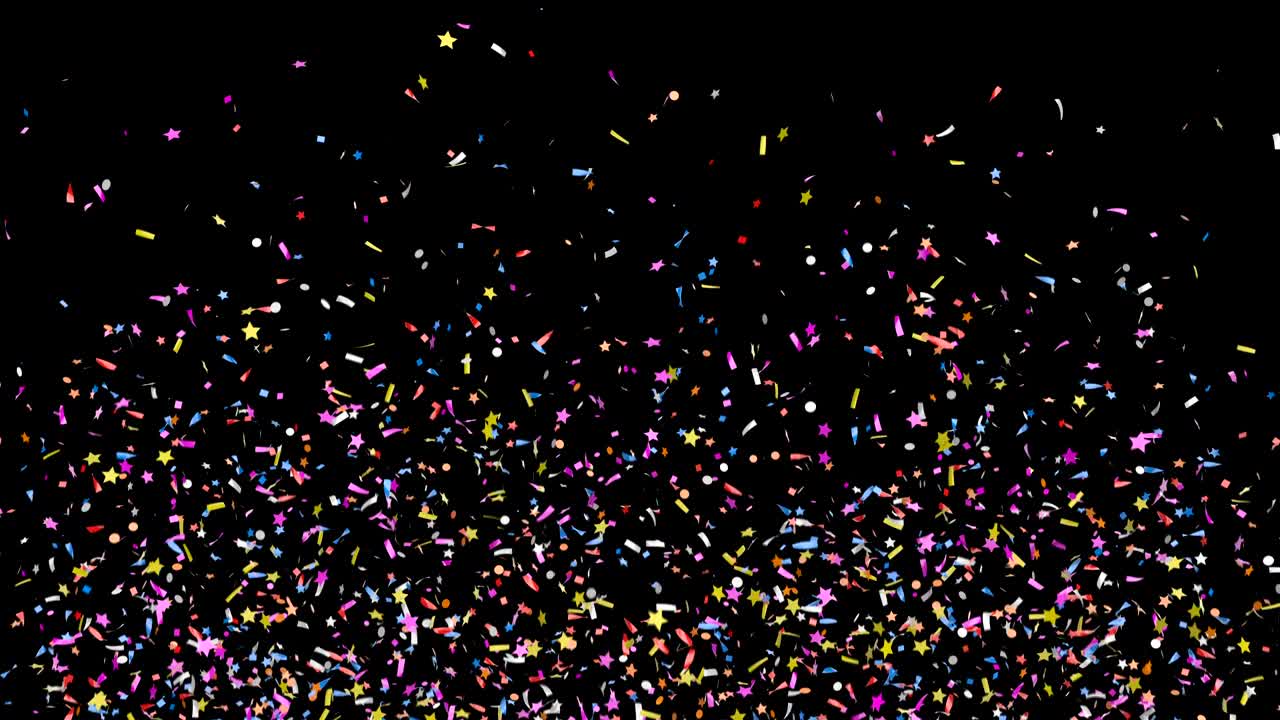 Multicolored festive confetti explosions falling on a black and green background. Animation with alpha channel.