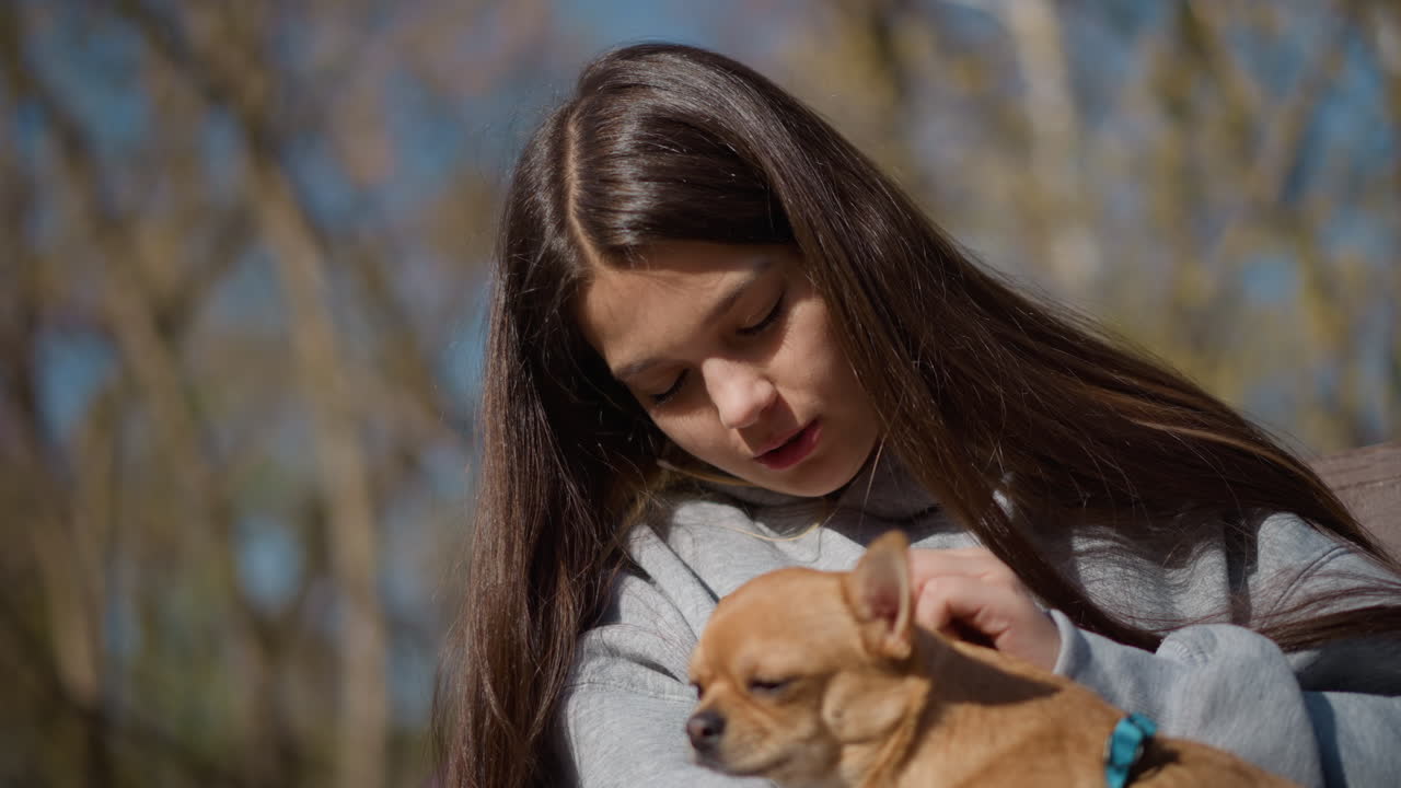 소녀와 강아지가 함께 있는 모습, 여성과 작은 강아지가 공원에서 즐거운 시간을 보내는 모습, 젊은 여성이 평화롭게 야외에서 아주 작은 강아지와 교감하는 모습, 여성이 공원 벤치에서 작은 강아지와 조화롭게 교류하는 모습