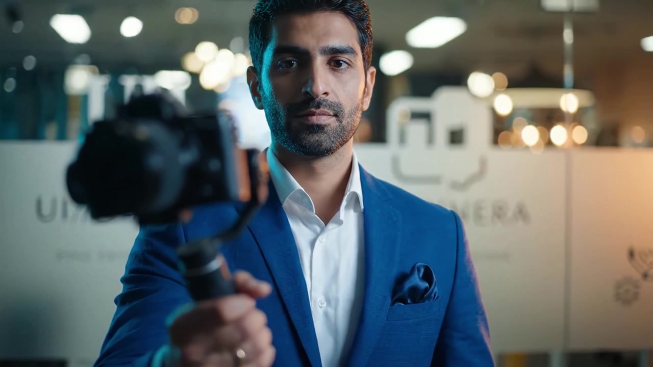 Uomo sicuro di sé in abito blu che tiene in mano una macchina fotografica, impegnato nella creazione di contenuti creativi in un moderno ambiente d'ufficio, enfatizzando professionalità e coinvolgimento