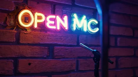 flickering neon open mic sign illuminates a brick wall, featuring a microphone stand in the foreground