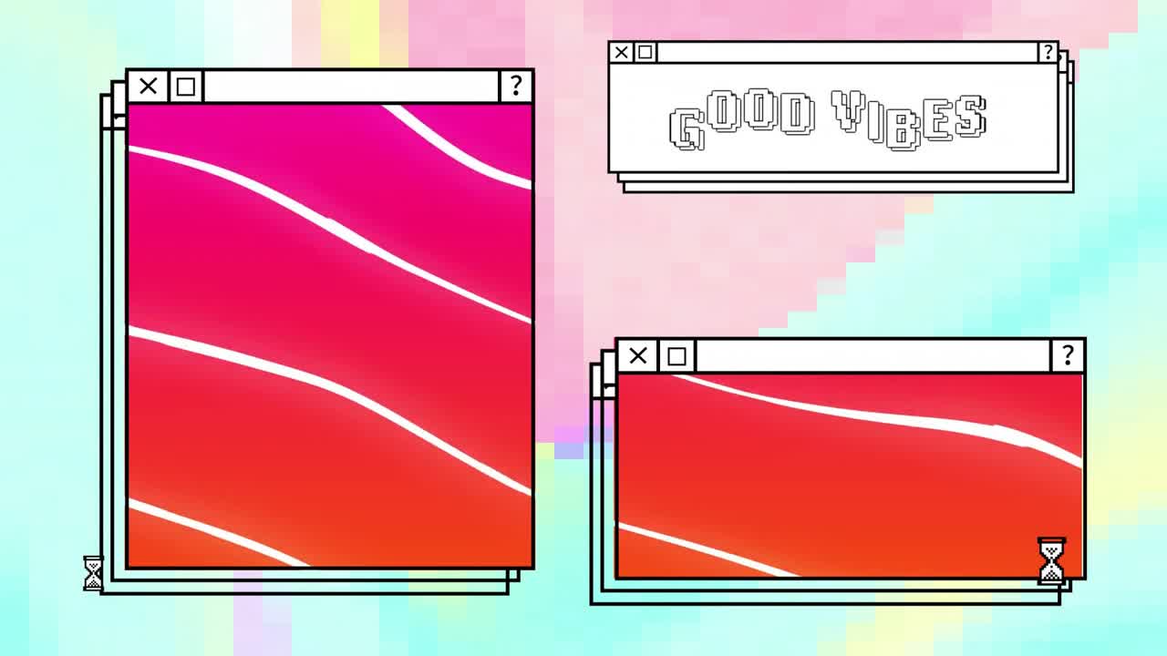 Animation of good vibes text and lines on windows with egg timer over colourful computer desktop
