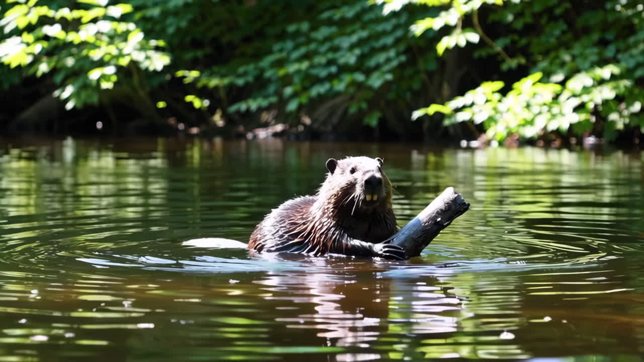 Beaver holding a stick while swimming in water