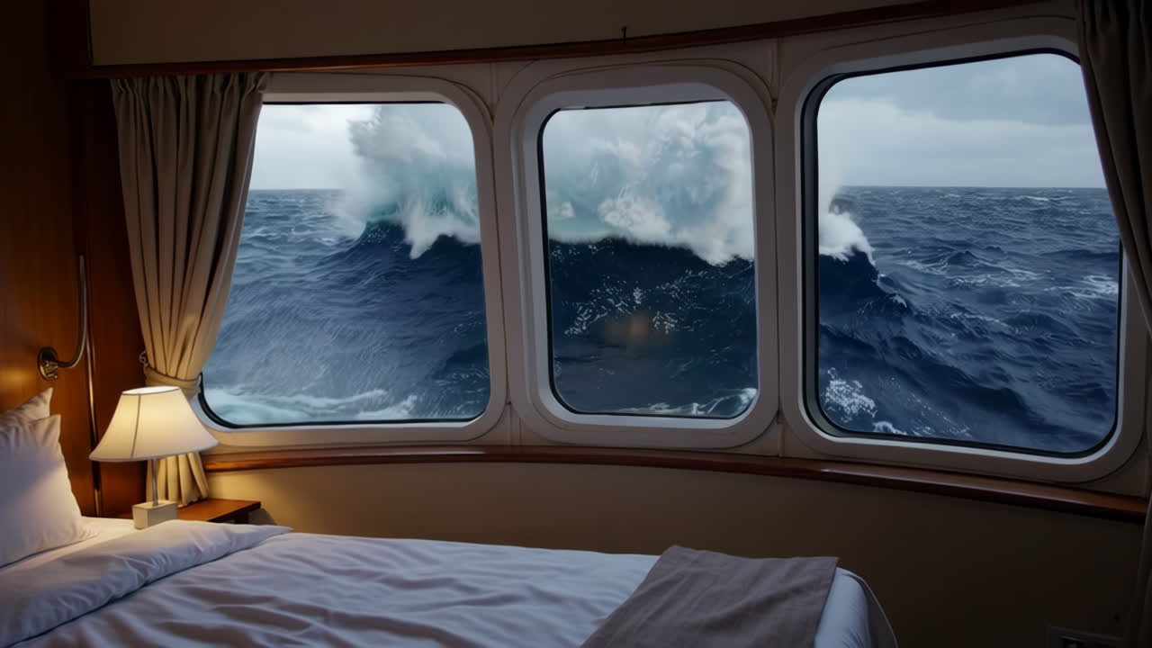 Blick aus der Schiffskabine während eines Sturms