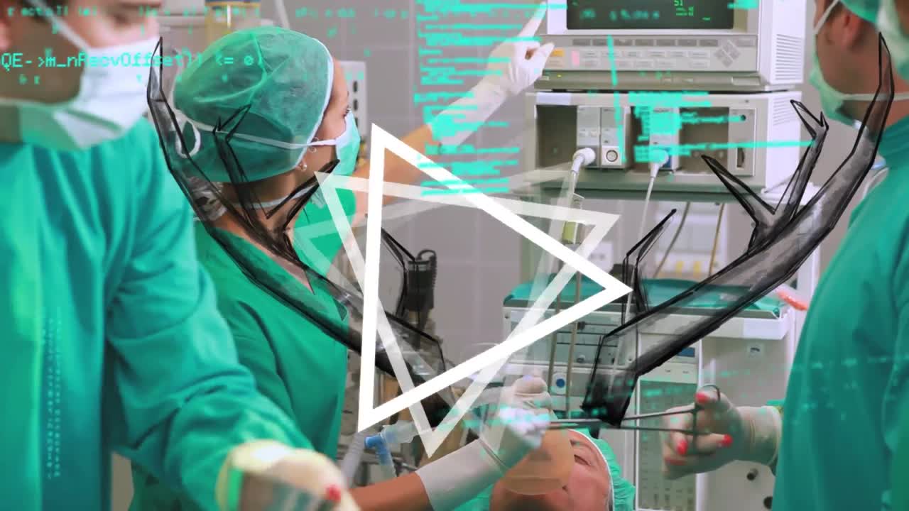 animación de triángulos y procesamiento de datos sobre diversos cirujanos en el quirófano