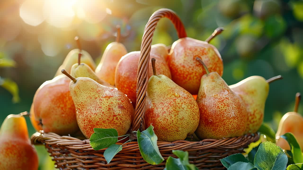 Farm-fresh pears in baskets. Baskets filled with ripe pears sit among green leaves as sunlight shines through, creating a warm ambiance