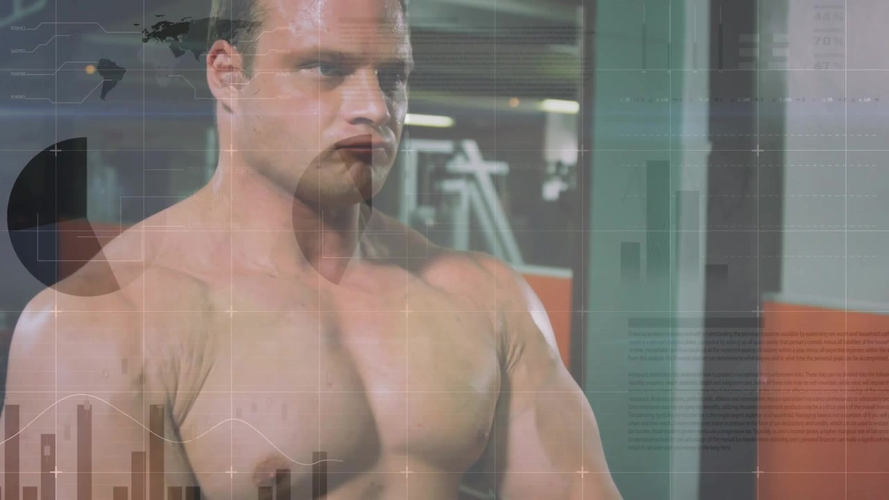 Male fitness athlete gripping green kettlebell and lifting to chest, HUD bars measuring strength