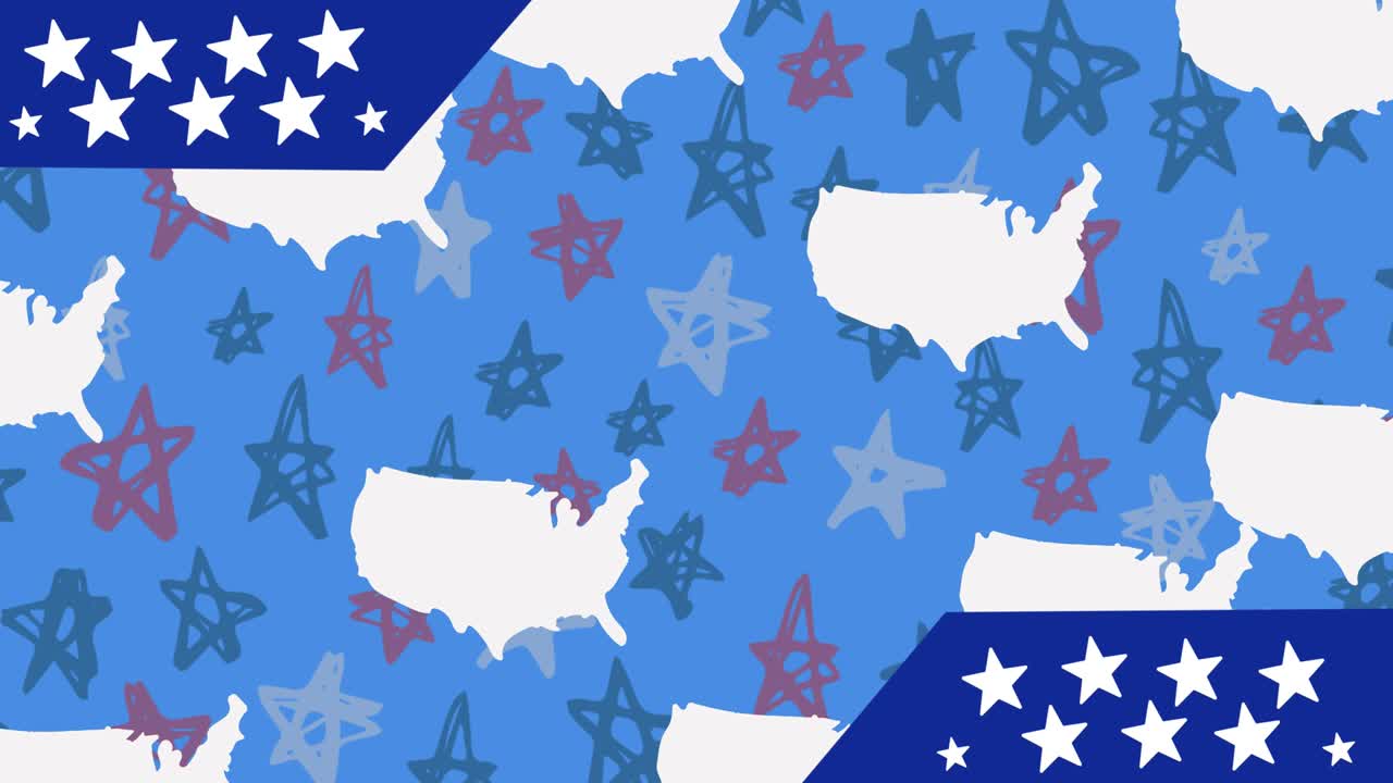 파란색 배경의 별 위에 있는 미국 지도 실루 ⁇ 의 애니메이션