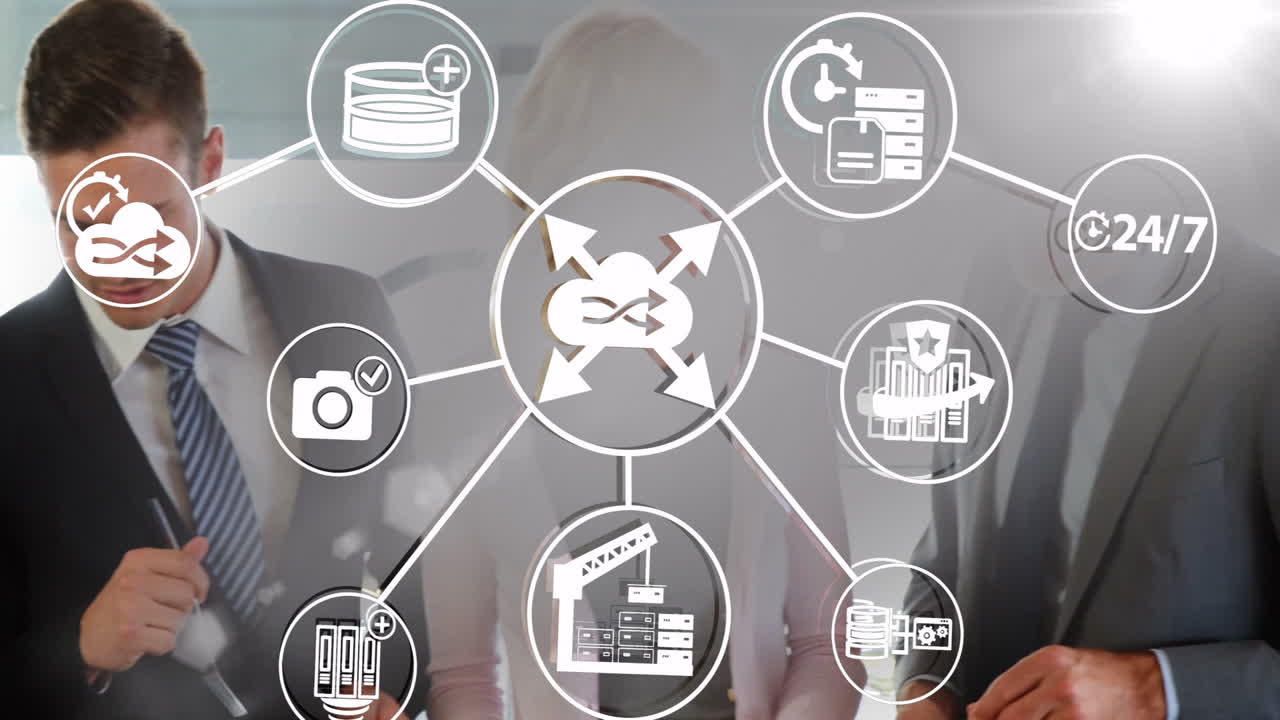 Collaborating in office, business professionals using cloud computing and data animation