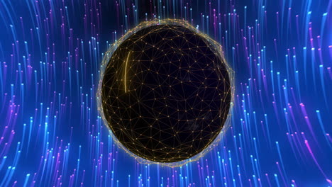 geometric sphere with interconnected lines animation over vibrant blue and purple light streaks