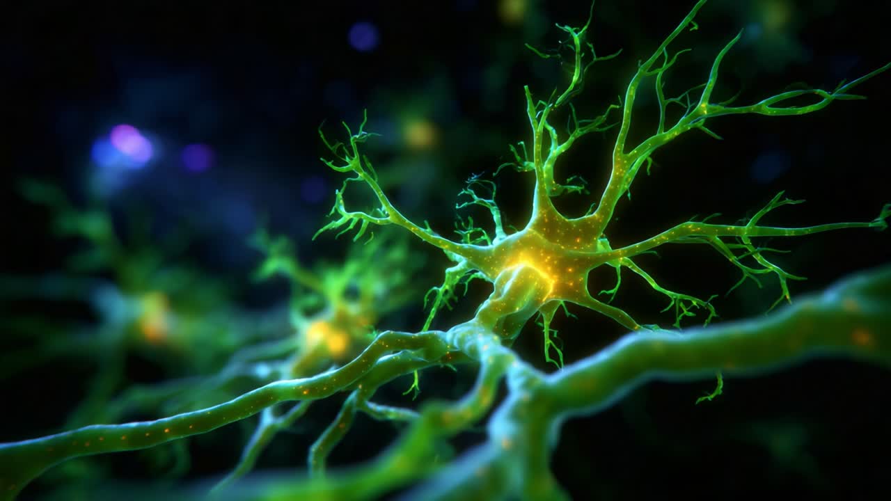 Esplorando l'intricata rete di neuroni: un primo piano sulla neurobiologia che mostra cellule verdi fluorescenti e la loro complessa struttura in uno sfondo mistico