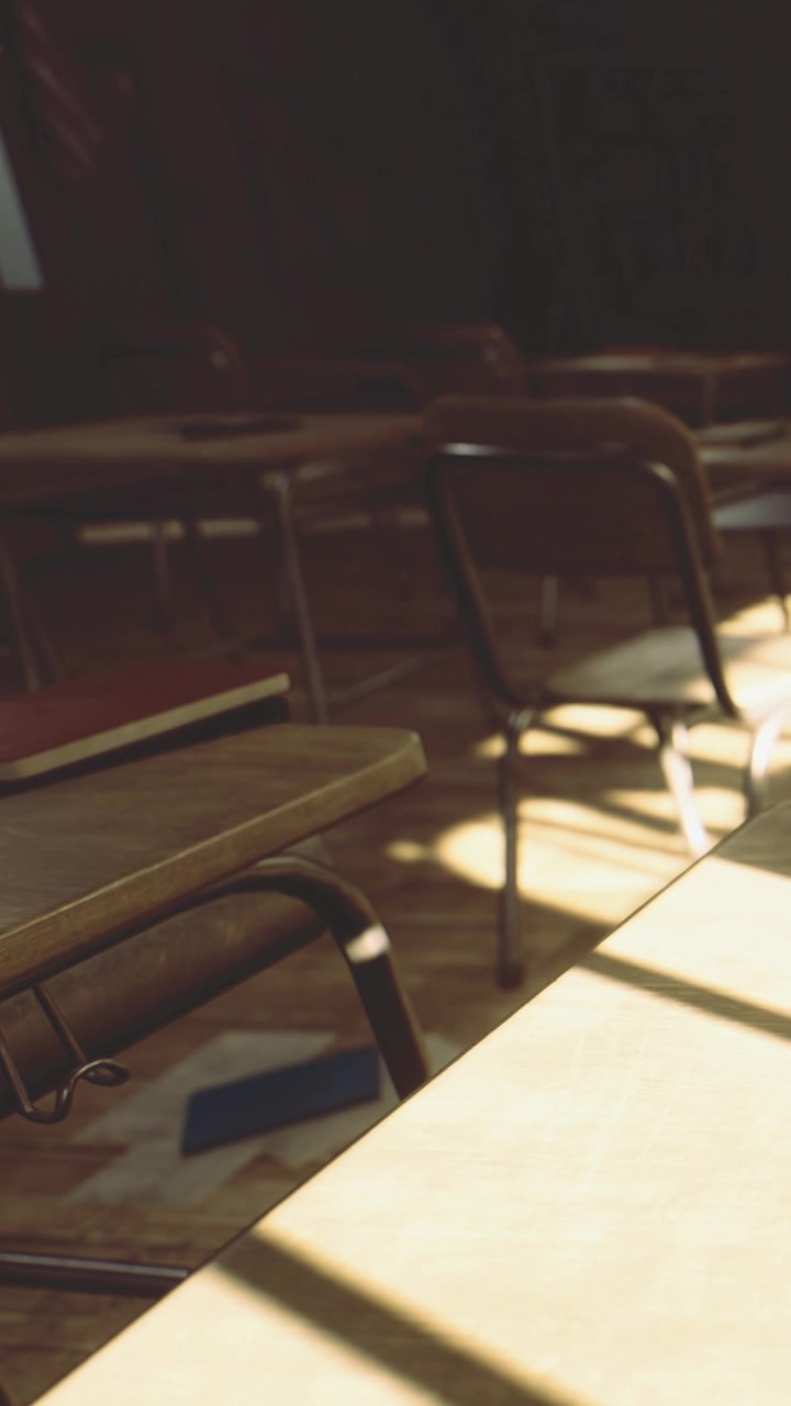 Aula scolastica con sedie vuote e luce del sole sul pavimento nel pomeriggio