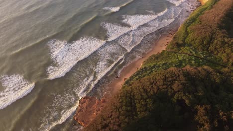 vista aérea pintoresca de árboles coloridos, pared de acantilado iluminada y olas del océano durante la puesta de sol - mar del plata, argentina