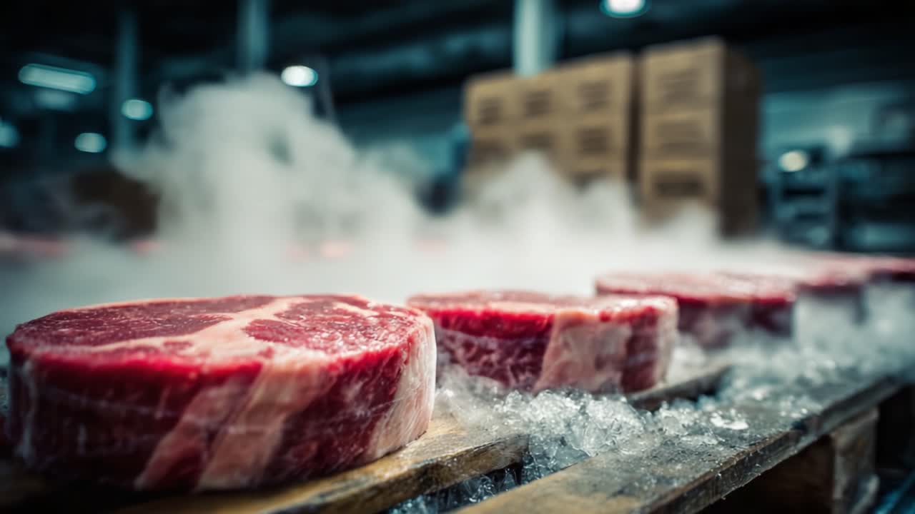 Freshly Cut Premium Meat Cuts on Ice in Butchery - Plump, Juicy Steaks With Visible Marbling and Frosty Mist Rising Amidst Chilled Display Conditions