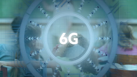 6G technology concept animation over diverse people collaborating in office