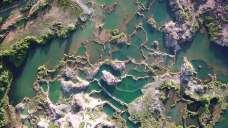 vista aérea de arriba hacia abajo del lago de agua azul en frog hill, guar petai, penang.