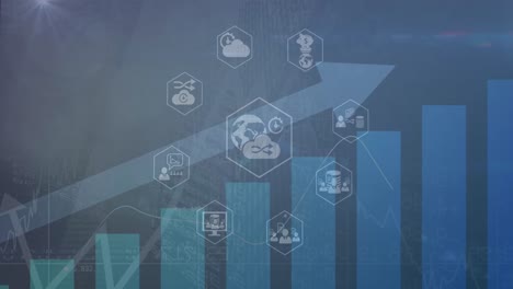 animation of icons in hexagons over arrow and bar graph against abstract background