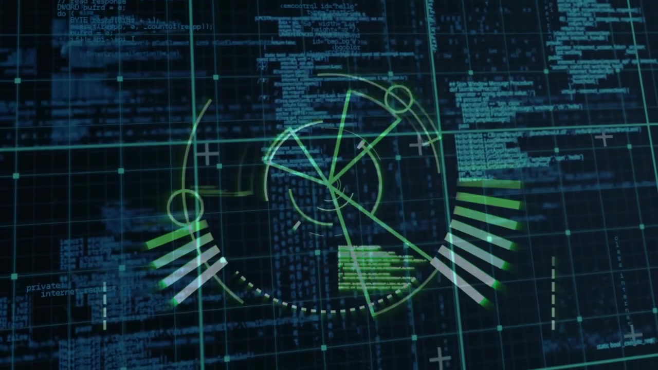Scrolling code starting HUD animation, rotating line pulsing bars expanding wedges scanning data