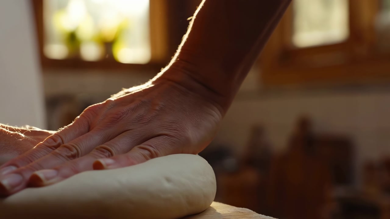 Adult hands press round dough on wooden countertop in warm indoor kitchen, palms and fingertips creating slight indentation, shaping soft surface with careful manual baking preparation