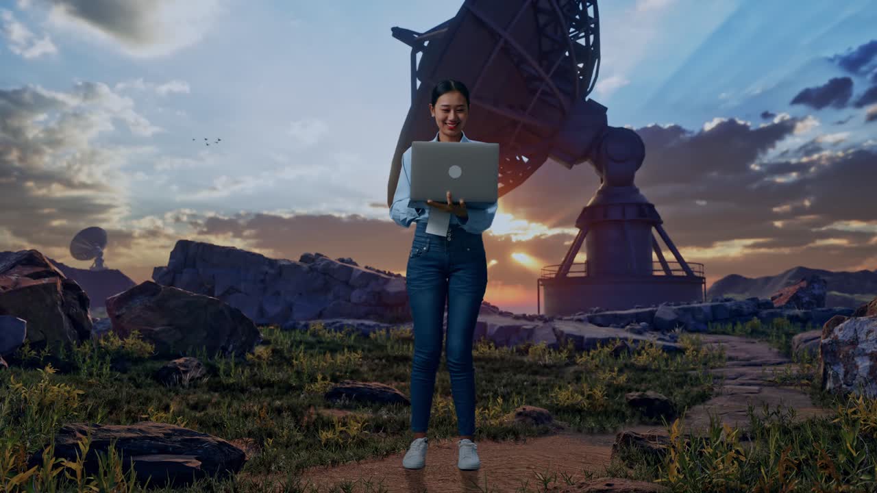 Full Body Of An Asian Female Professional Worker Standing With Her Laptop With Large Satellite Dish, Working Continuously