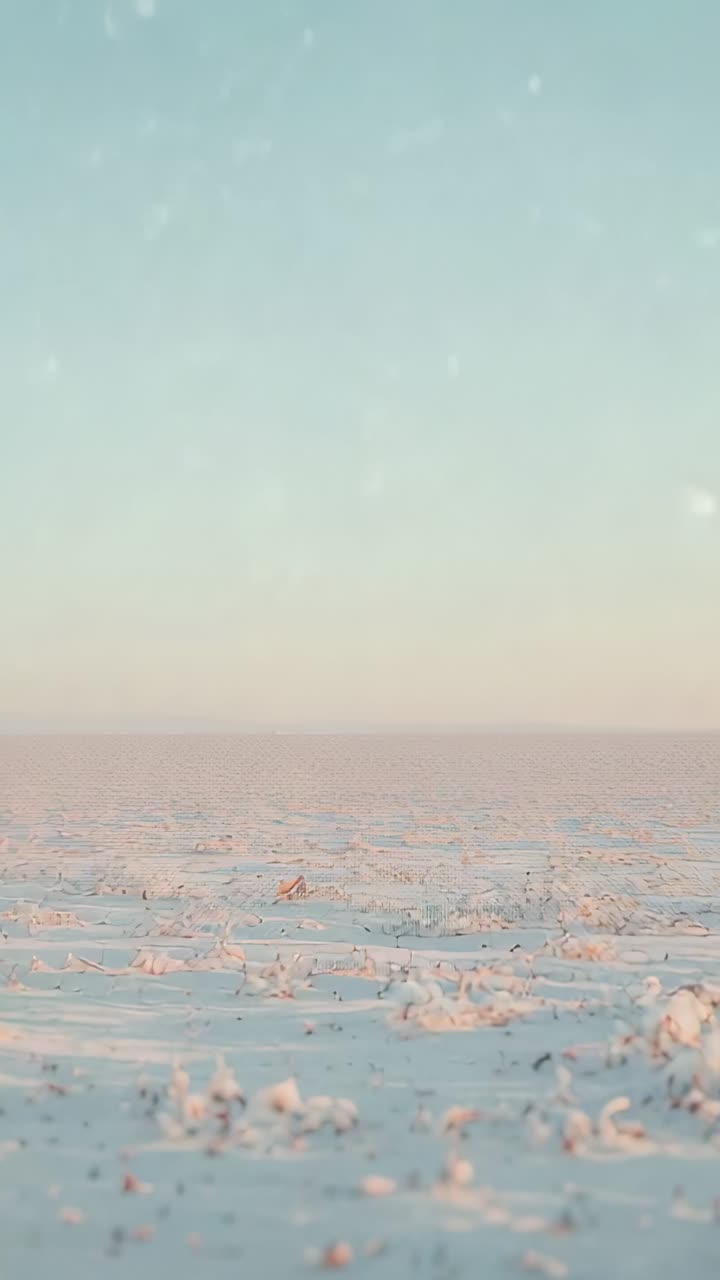 Vertical video: Stirring wind lifting snow plume on frozen plain, revealing drifting snowflakes